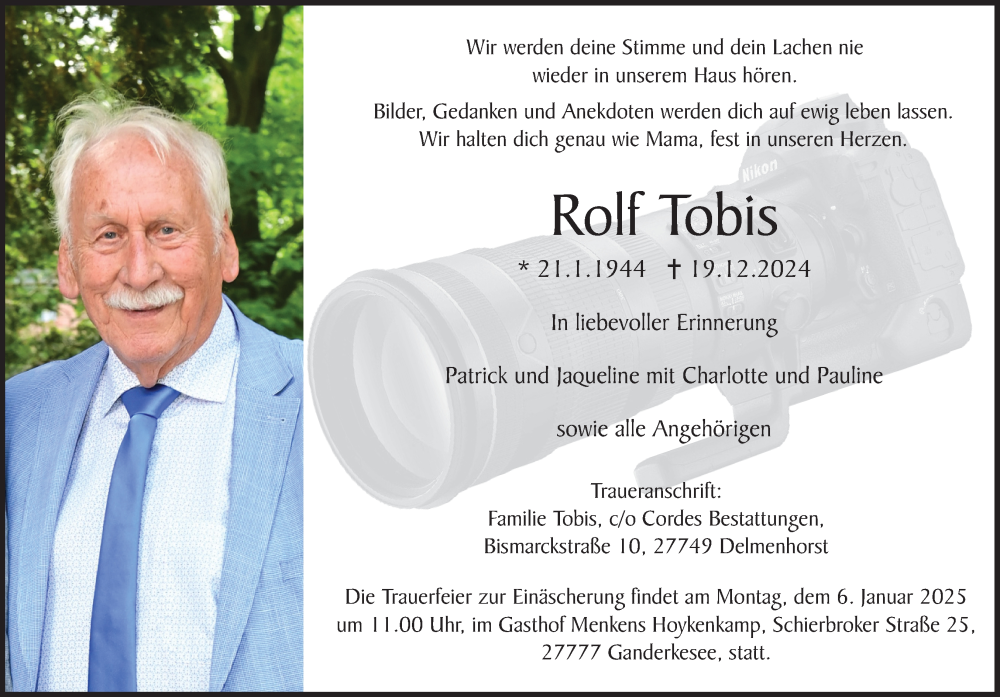  Traueranzeige für Rolf Tobis vom 28.12.2024 aus DK Medien GmbH & Co. KG