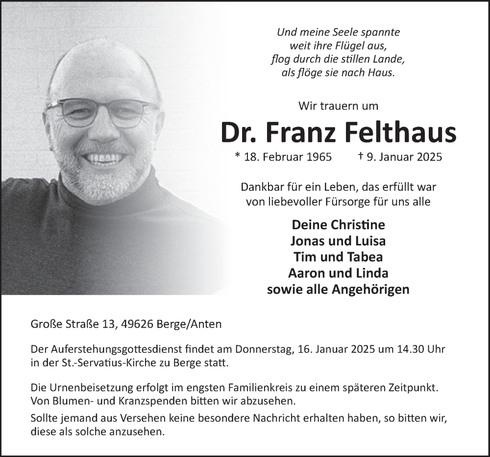  Traueranzeige für Franz Felthaus vom 11.01.2025 aus Neue Osnabrücker Zeitung GmbH & Co. KG