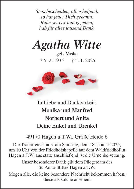 Traueranzeige von Agatha Witte von Neue Osnabrücker Zeitung GmbH & Co. KG