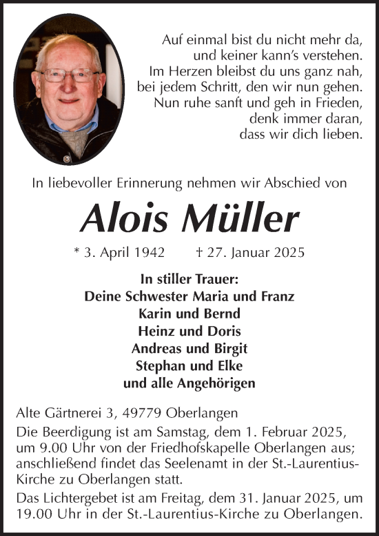 Traueranzeige von Alois Müller von Neue Osnabrücker Zeitung GmbH & Co. KG