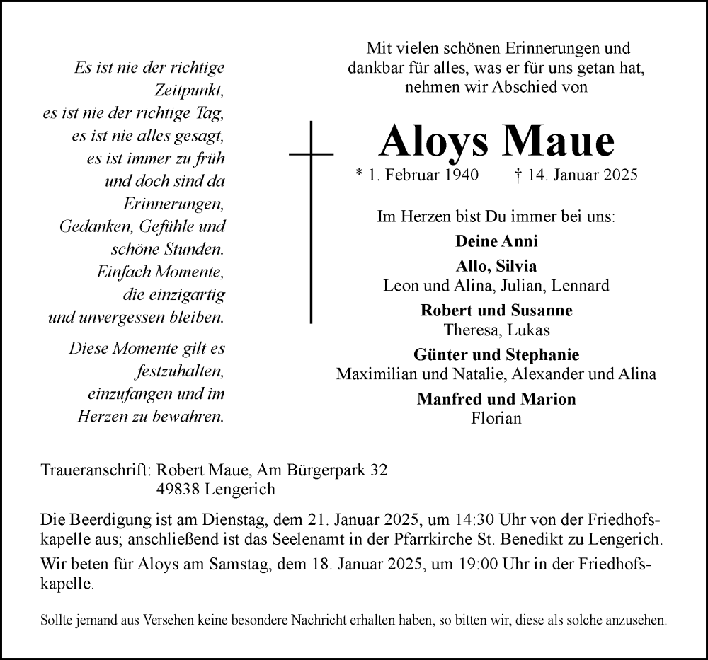  Traueranzeige für Aloys Maue vom 18.01.2025 aus Neue Osnabrücker Zeitung GmbH & Co. KG
