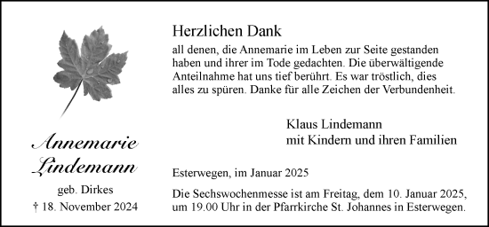 Traueranzeige von Annemarie Lindemann von Neue Osnabrücker Zeitung GmbH & Co. KG