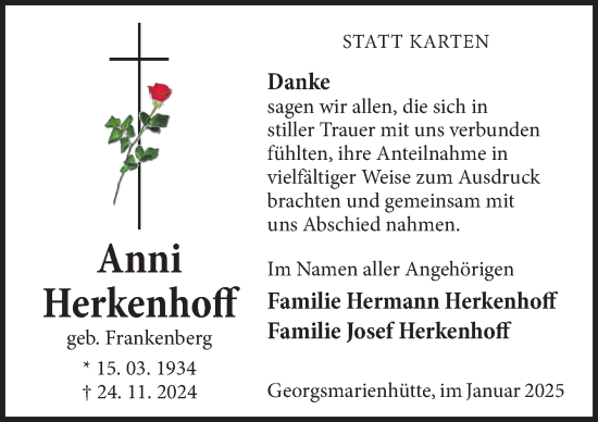Traueranzeige von Anni Herkenhoff von Neue Osnabrücker Zeitung GmbH & Co. KG