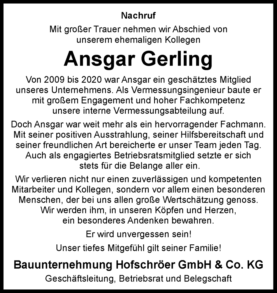  Traueranzeige für Ansgar Gerling vom 11.01.2025 aus Neue Osnabrücker Zeitung GmbH & Co. KG