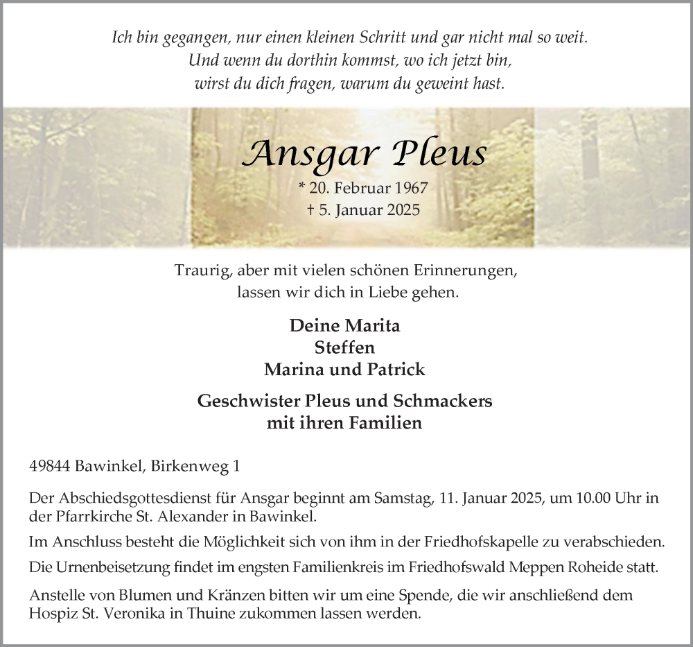  Traueranzeige für Ansgar Pleus vom 08.01.2025 aus Neue Osnabrücker Zeitung GmbH & Co. KG
