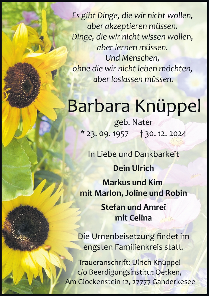  Traueranzeige für Barbara Knüppel vom 04.01.2025 aus DK Medien GmbH & Co. KG
