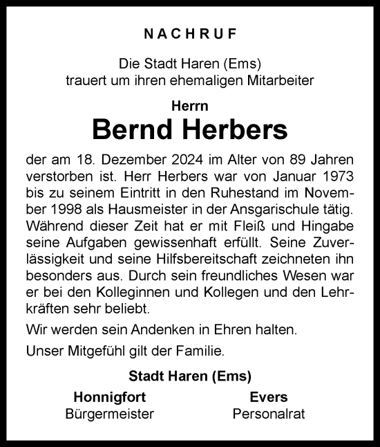 Traueranzeige von Bernd Herbers von Neue Osnabrücker Zeitung GmbH & Co. KG