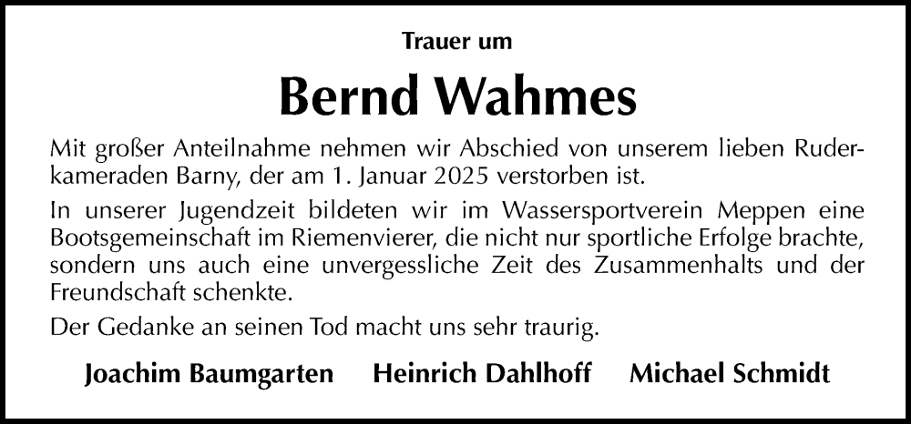  Traueranzeige für Bernd Wahmes vom 11.01.2025 aus Neue Osnabrücker Zeitung GmbH & Co. KG