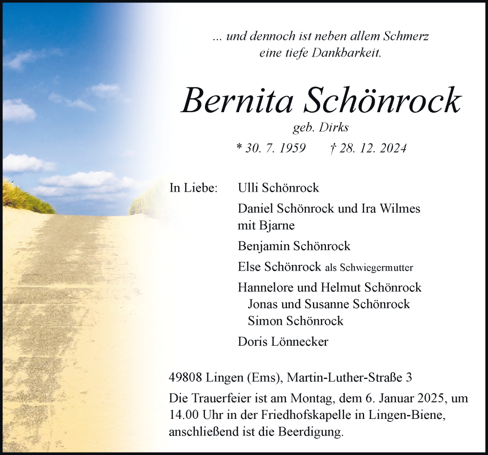  Traueranzeige für Bernita Schönrock vom 02.01.2025 aus Neue Osnabrücker Zeitung GmbH & Co. KG