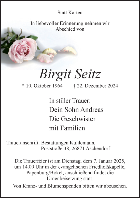 Traueranzeige von Birgit Seitz von Neue Osnabrücker Zeitung GmbH & Co. KG