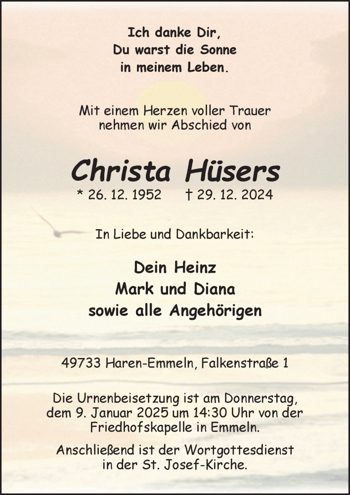  Traueranzeige für Christa Hüsers vom 04.01.2025 aus Neue Osnabrücker Zeitung GmbH & Co. KG