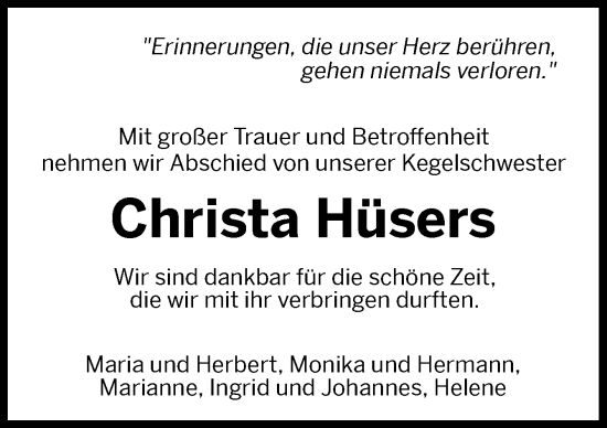 Traueranzeige von Christa Hüsers von Neue Osnabrücker Zeitung GmbH & Co. KG