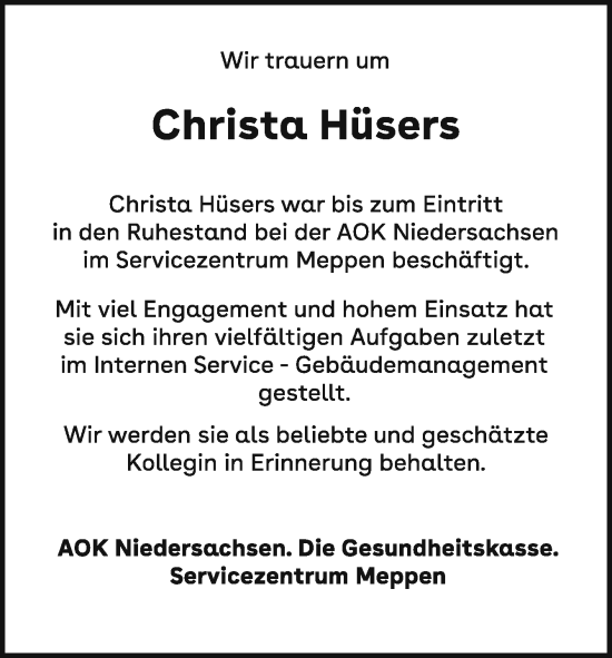 Traueranzeige von Christa Hüsers von Neue Osnabrücker Zeitung GmbH & Co. KG