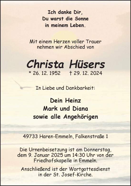 Traueranzeige von Christa Hüsers von Neue Osnabrücker Zeitung GmbH & Co. KG