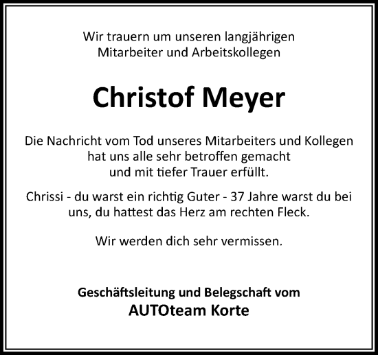 Traueranzeige von Christof Meyer von Neue Osnabrücker Zeitung GmbH & Co. KG