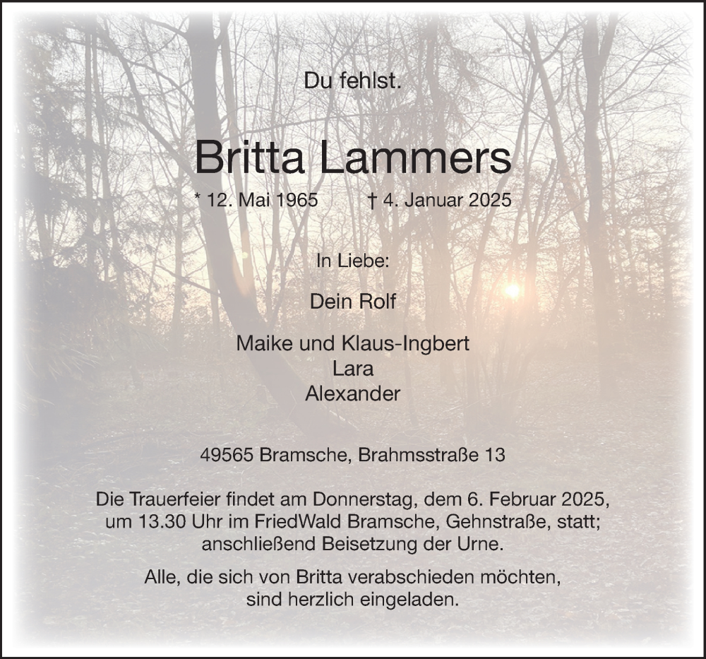  Traueranzeige für Britta Lammers vom 18.01.2025 aus Neue Osnabrücker Zeitung GmbH & Co. KG