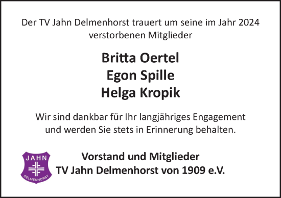Traueranzeige von Der TV Jahn Delmenhorst trauert um seine im Jahr 2024 verstorbenen Mitglieder  von DK Medien GmbH & Co. KG