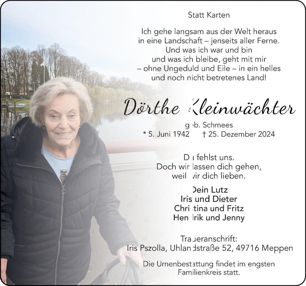  Traueranzeige für Dörthe Kleinwächter vom 04.01.2025 aus Neue Osnabrücker Zeitung GmbH & Co. KG