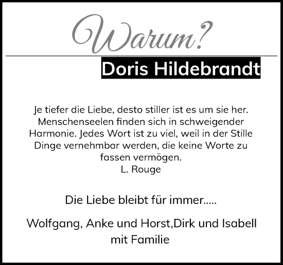 Traueranzeige von Doris Hildebrandt von Neue Osnabrücker Zeitung GmbH & Co. KG