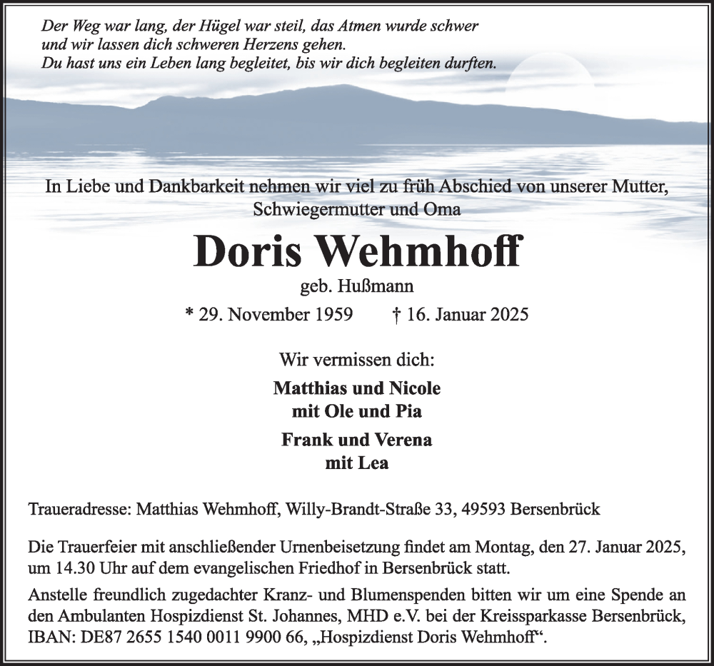  Traueranzeige für Doris Wehmhoff vom 21.01.2025 aus Neue Osnabrücker Zeitung GmbH & Co. KG
