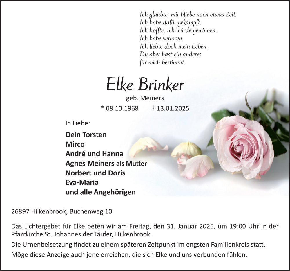  Traueranzeige für Elke Brinker vom 28.01.2025 aus Neue Osnabrücker Zeitung GmbH & Co. KG