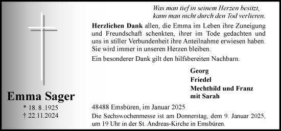 Traueranzeige von Emma Sager von Neue Osnabrücker Zeitung GmbH & Co. KG