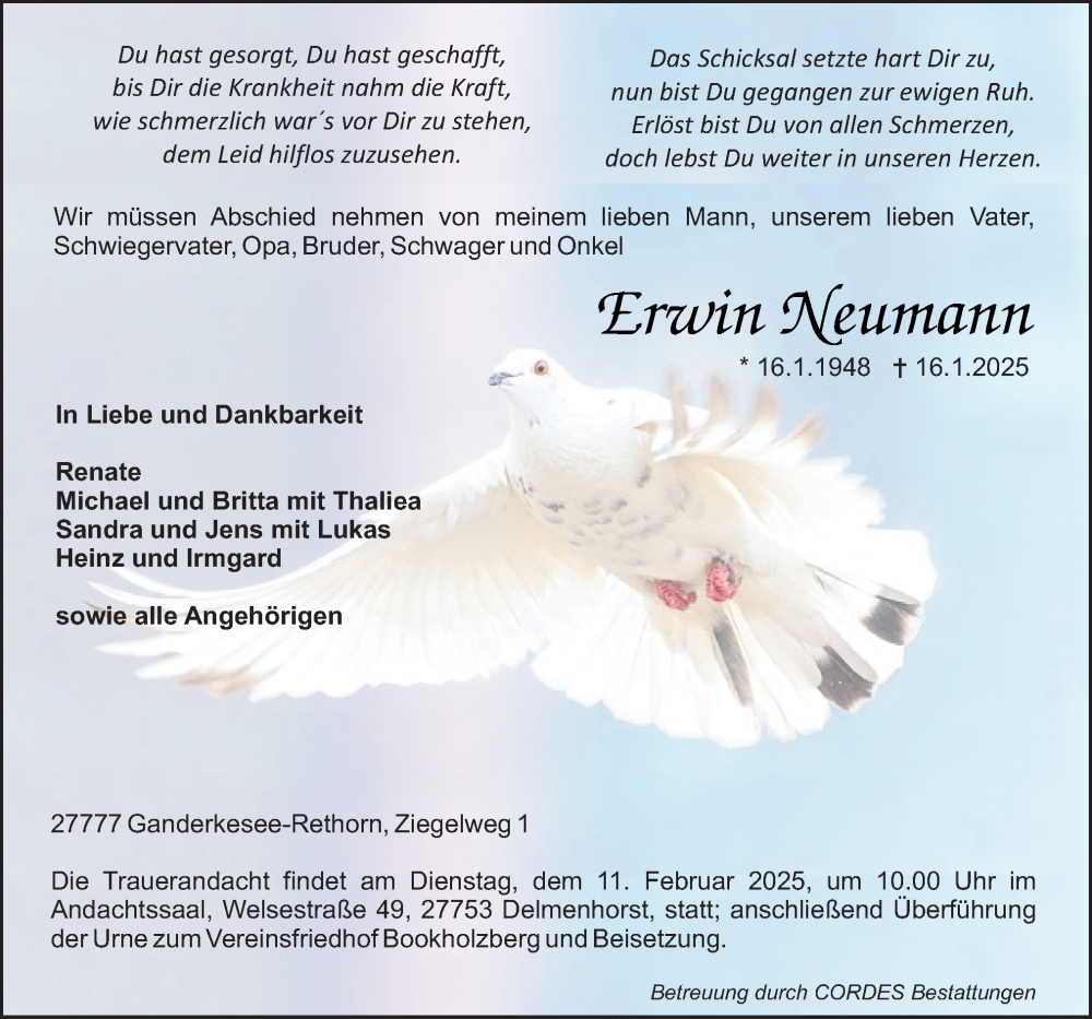  Traueranzeige für Erwin Neumann vom 25.01.2025 aus DK Medien GmbH & Co. KG