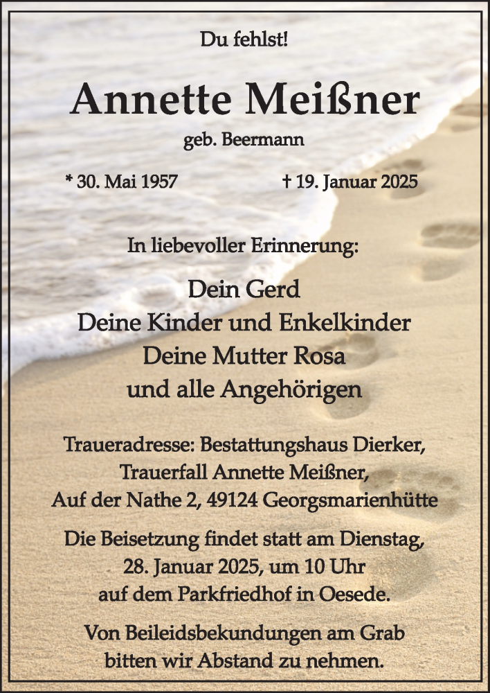  Traueranzeige für Annette Meißner vom 25.01.2025 aus Neue Osnabrücker Zeitung GmbH & Co. KG
