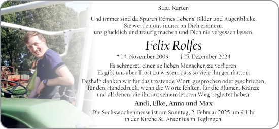 Traueranzeige von Felix Rolfes von Neue Osnabrücker Zeitung GmbH & Co. KG