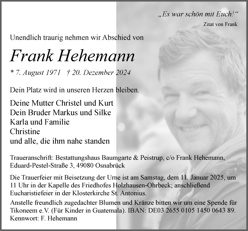  Traueranzeige für Frank Hehemann vom 04.01.2025 aus Neue Osnabrücker Zeitung GmbH & Co. KG