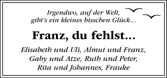 Traueranzeige von Franz  von Neue Osnabrücker Zeitung GmbH & Co. KG