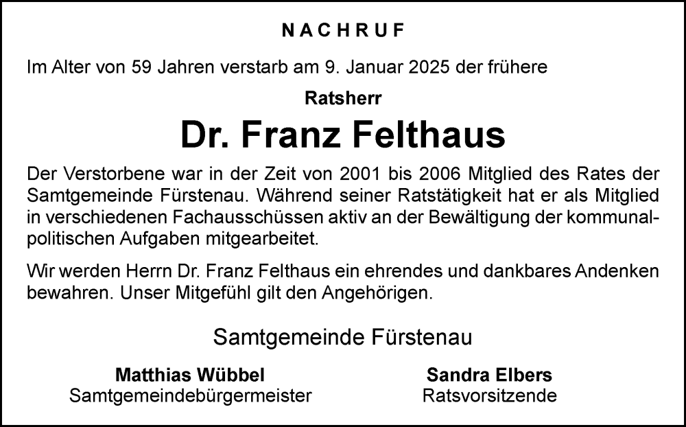  Traueranzeige für Franz Felthaus vom 15.01.2025 aus Neue Osnabrücker Zeitung GmbH & Co. KG