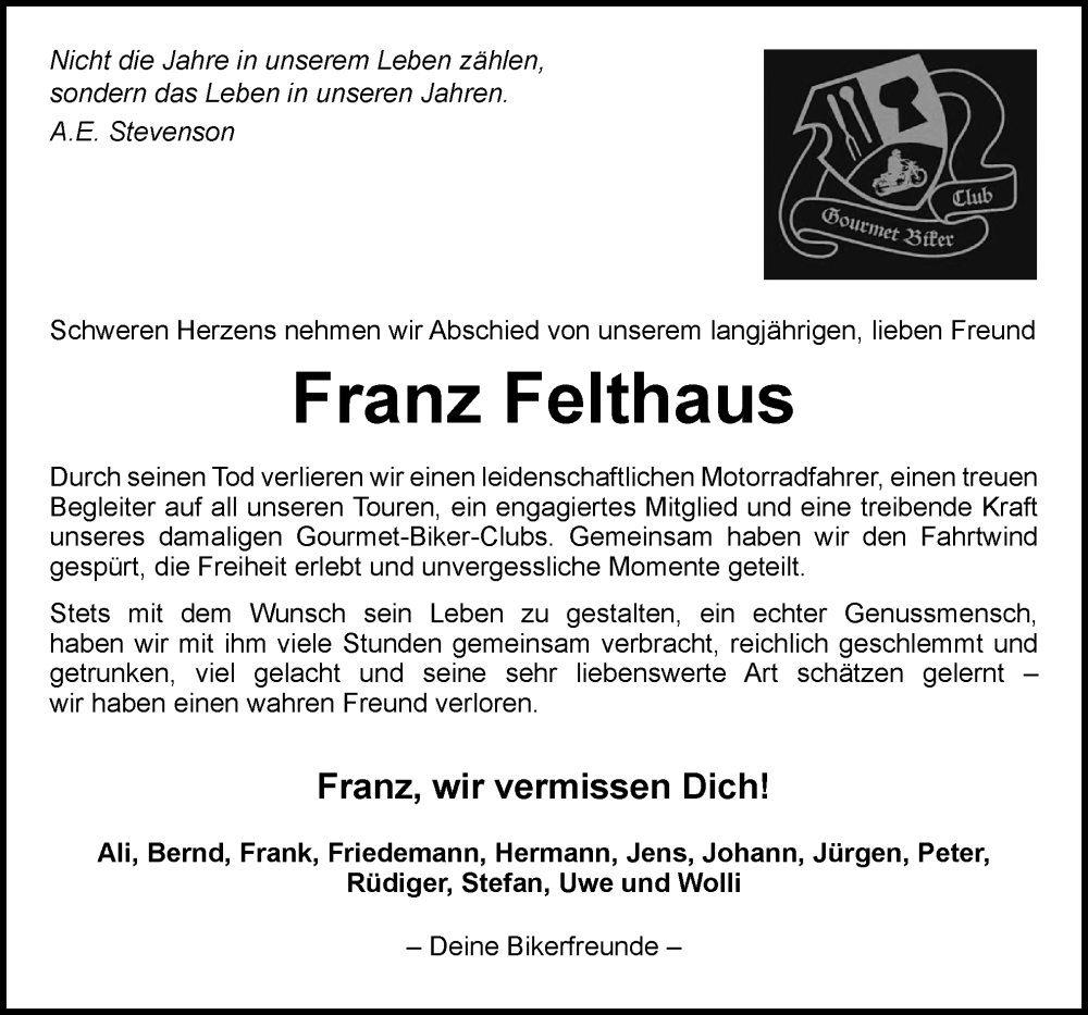  Traueranzeige für Franz Felthaus vom 13.01.2025 aus Neue Osnabrücker Zeitung GmbH & Co. KG
