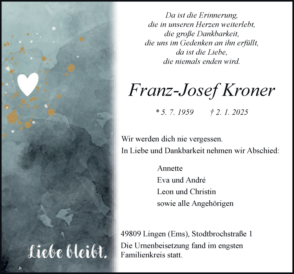  Traueranzeige für Franz-Josef Kroner vom 11.01.2025 aus Neue Osnabrücker Zeitung GmbH & Co. KG