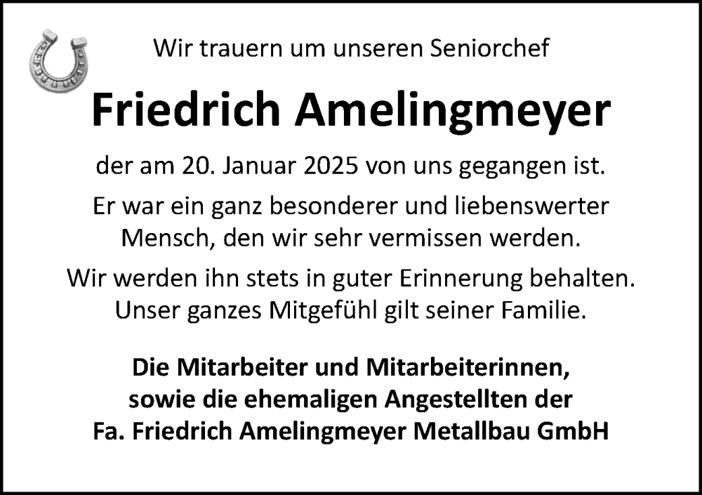  Traueranzeige für Friedrich Amelingmeyer vom 25.01.2025 aus Neue Osnabrücker Zeitung GmbH & Co. KG