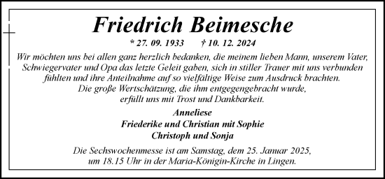 Traueranzeige von Friedrich Beimesche von Neue Osnabrücker Zeitung GmbH & Co. KG