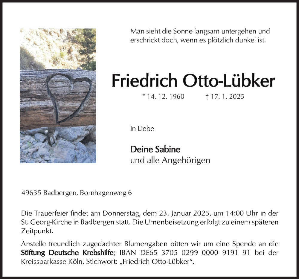  Traueranzeige für Friedrich Otto-Lübker vom 21.01.2025 aus Neue Osnabrücker Zeitung GmbH & Co. KG