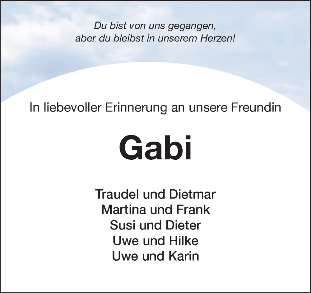  Traueranzeige für Gabi  vom 04.01.2025 aus DK Medien GmbH & Co. KG