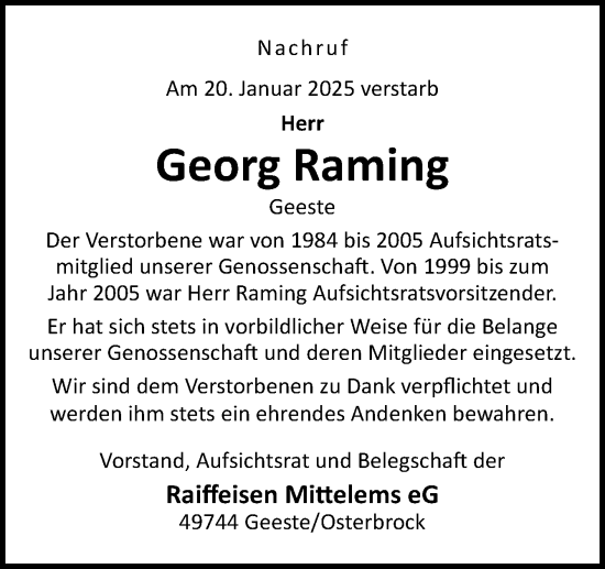 Traueranzeige von Georg Raming von Neue Osnabrücker Zeitung GmbH & Co. KG