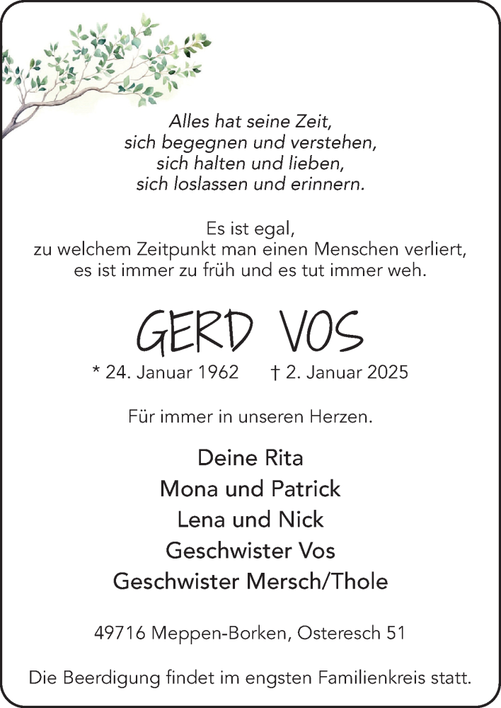  Traueranzeige für Gerd Vos vom 08.01.2025 aus Neue Osnabrücker Zeitung GmbH & Co. KG
