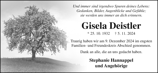 Traueranzeige von Gisela Deistler von Neue Osnabrücker Zeitung GmbH & Co. KG