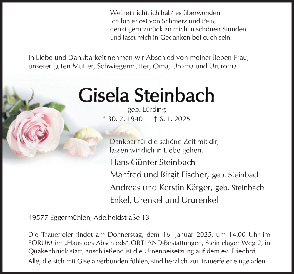  Traueranzeige für Gisela Steinbach vom 11.01.2025 aus Neue Osnabrücker Zeitung GmbH & Co. KG