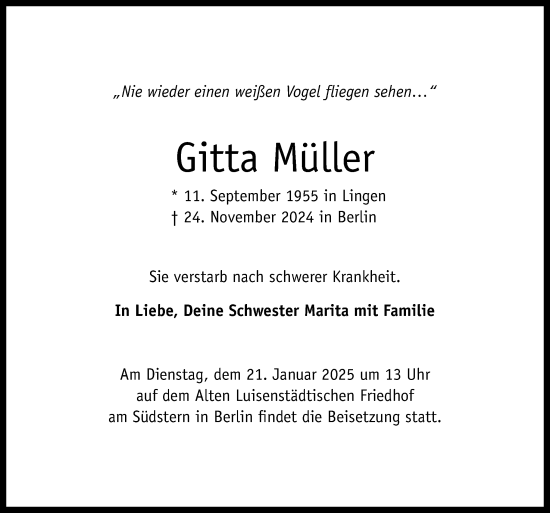 Traueranzeige von Gitta Müller von Neue Osnabrücker Zeitung GmbH & Co. KG