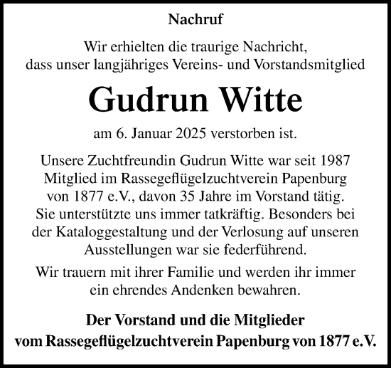 Traueranzeige von Gudrun Witte von Neue Osnabrücker Zeitung GmbH & Co. KG
