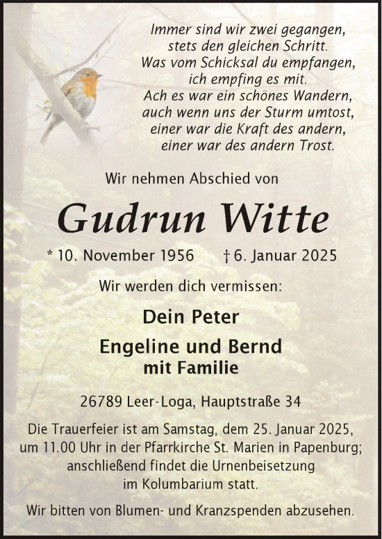 Traueranzeige von Gudrun Witte von Neue Osnabrücker Zeitung GmbH & Co. KG