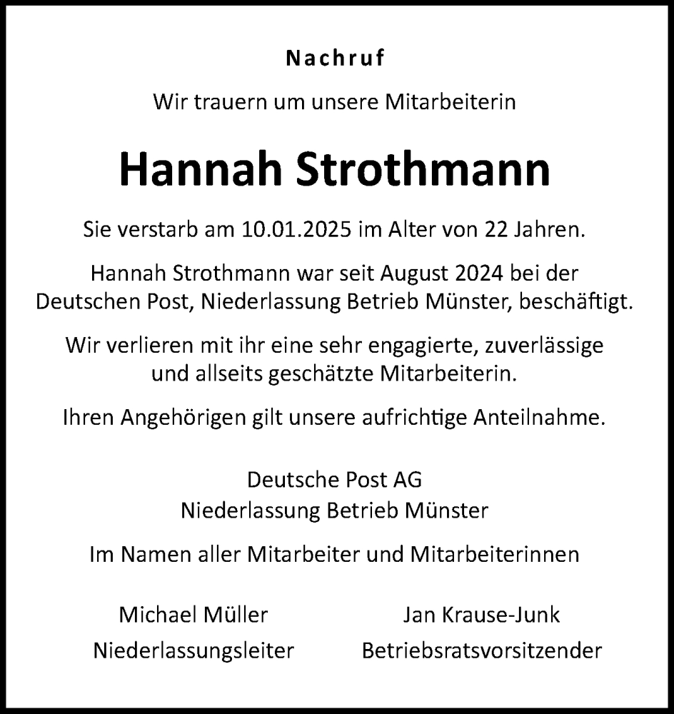  Traueranzeige für Hannah Strothmann vom 18.01.2025 aus Neue Osnabrücker Zeitung GmbH & Co. KG