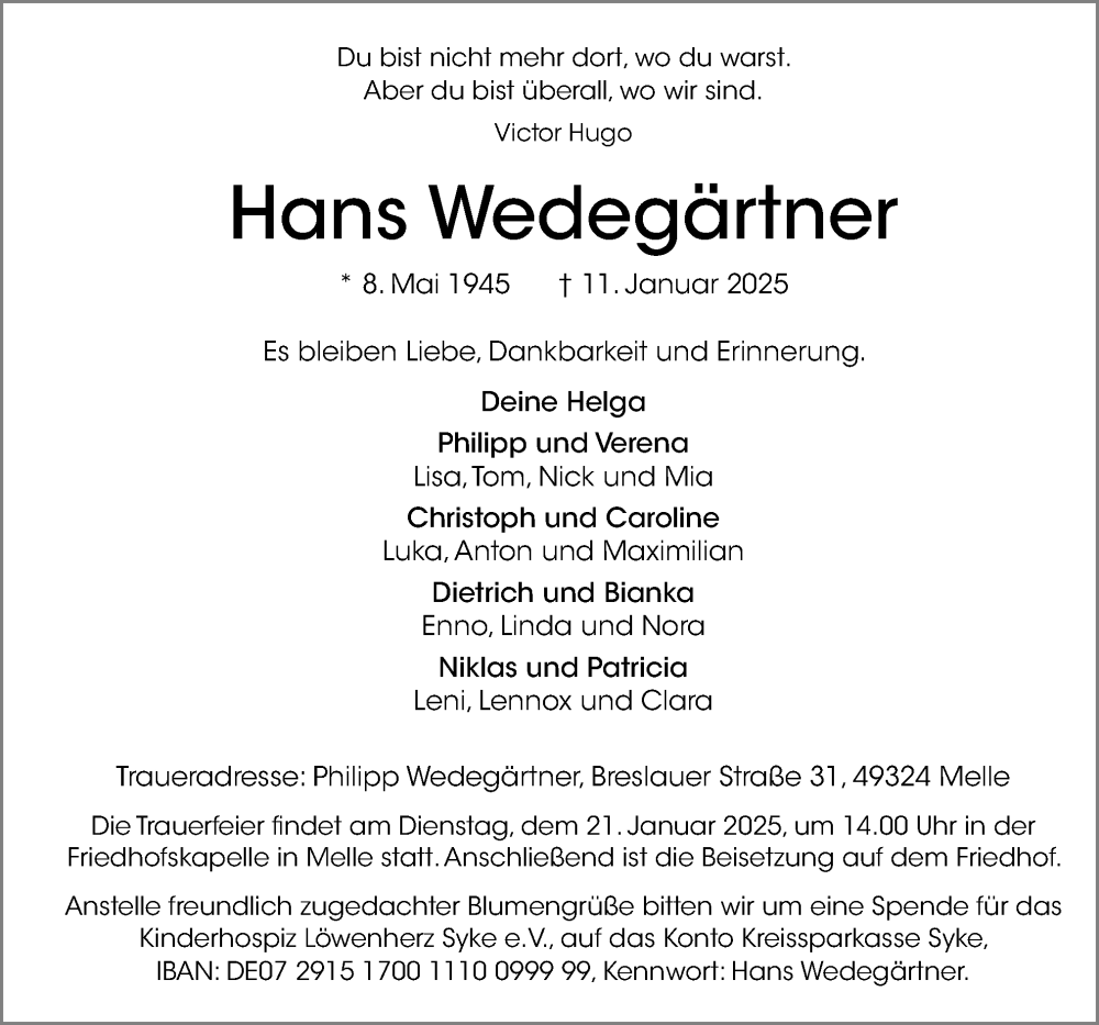  Traueranzeige für Hans Wedegärtner vom 18.01.2025 aus Neue Osnabrücker Zeitung GmbH & Co. KG