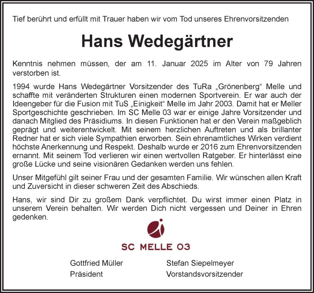  Traueranzeige für Hans Wedegärtner vom 18.01.2025 aus Neue Osnabrücker Zeitung GmbH & Co. KG
