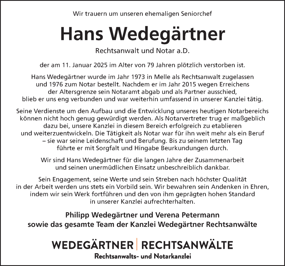  Traueranzeige für Hans Wedegärtner vom 18.01.2025 aus Neue Osnabrücker Zeitung GmbH & Co. KG