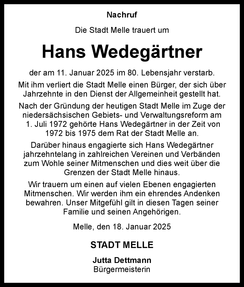  Traueranzeige für Hans Wedegärtner vom 18.01.2025 aus Neue Osnabrücker Zeitung GmbH & Co. KG